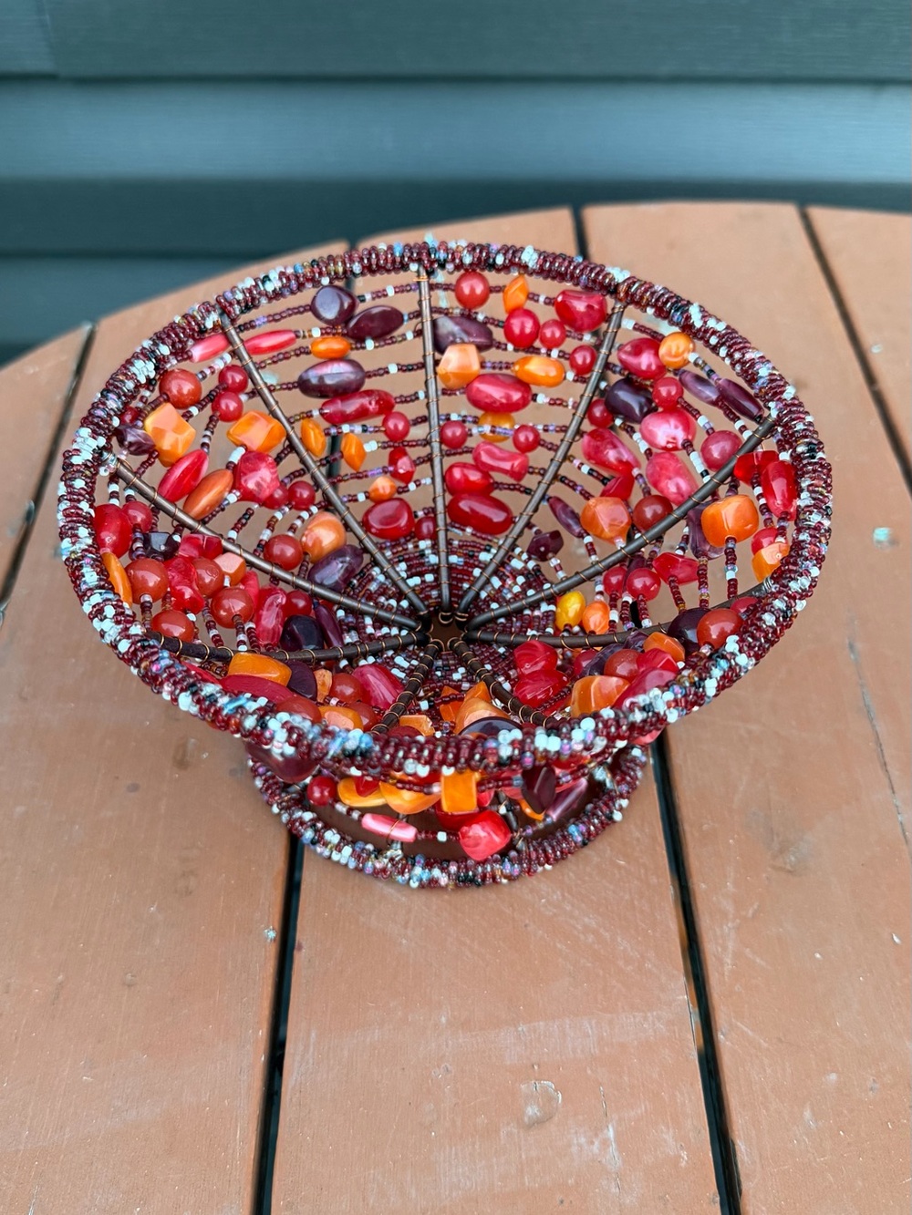 Handcrafted Red & Orange Beaded w/ Copper Wire Decorative Bowl
